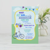 自転車誕生日自転車乗りバルーンパーティーブルー 招待状 (スタンド正面)
