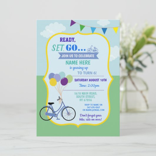 自転車誕生日自転車乗りバルーンパーティーブルー 招待状 (スタンド正面)