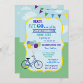 自転車誕生日自転車乗りバルーンパーティーブルー 招待状 (正面/裏面)