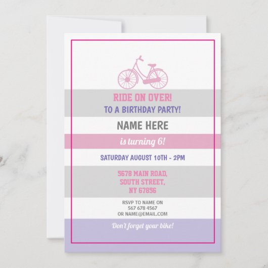 自転車誕生日自転車乗りパーティーピンクガールズ 招待状 (正面)