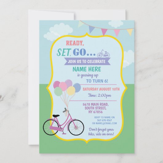 自転車誕生日自転車乗り気球パーティーピンク 招待状 (正面)