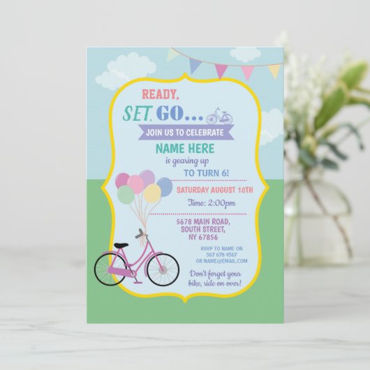 自転車誕生日自転車乗り気球パーティーピンク 招待状 (スタンド正面)