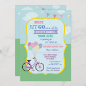 自転車誕生日自転車乗り気球パーティーピンク 招待状 (正面/裏面)