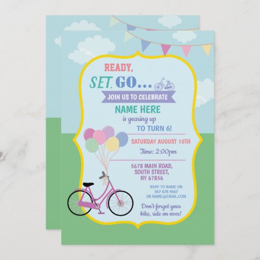 自転車誕生日自転車乗り気球パーティーピンク 招待状 (正面/裏面)