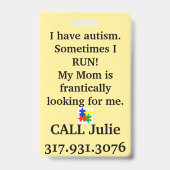 自閉症があります。緊急時はママを呼んでください - IDバッジ バッジ (裏面)