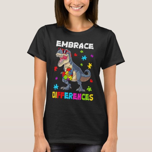 自閉症が違いを受け入れる恐竜のレックス子供かわいい Tシャツ (正面)