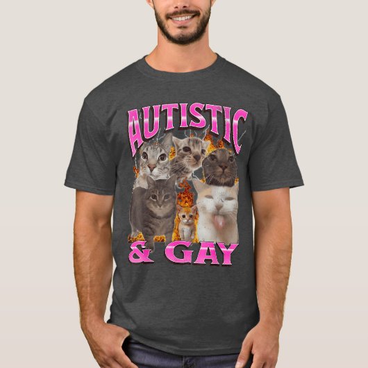 自閉症でゲイの面白い猫ミームの海賊版レトロ Tシャツ (正面)