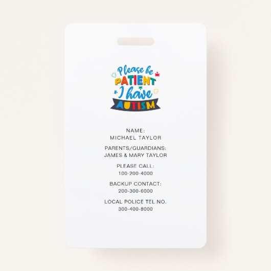 自閉症の名前と名前を持って我慢して連絡くれ バッジ (裏面)