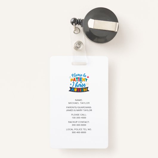 自閉症の名前と名前を持って我慢して連絡くれ バッジ (裏面リトラクタブル付き)