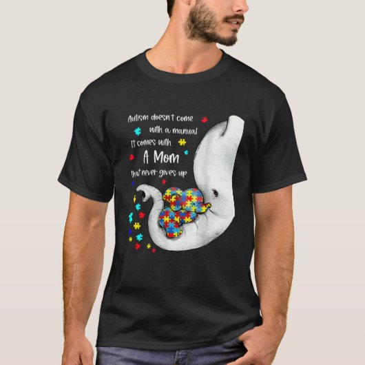 自閉症の子供を持つ母親の象 パズルのピース 自閉症啓発 Tシャツ (正面)