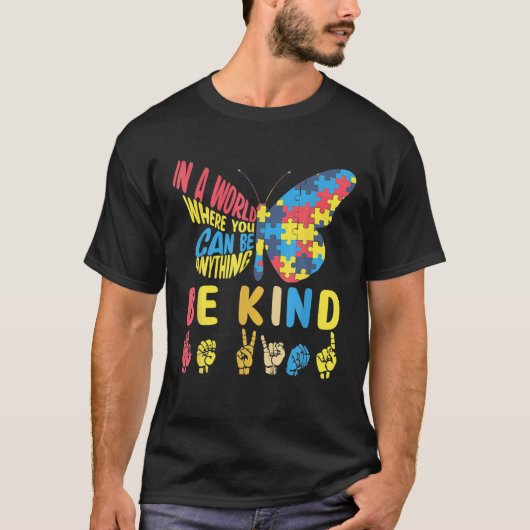 自閉症の意識は親切なパズルサイン言語手 Tシャツ (正面)
