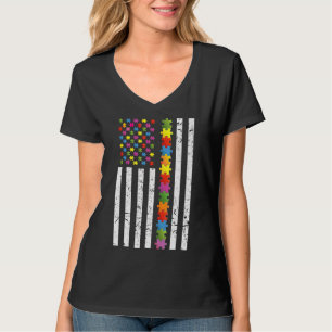 自閉症の意識アメリカ国旗のパズルリボン自閉症Su Tシャツ