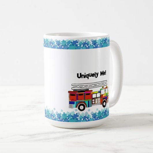 自閉症の消防車のパズル作品 コーヒーマグカップ (正面右)