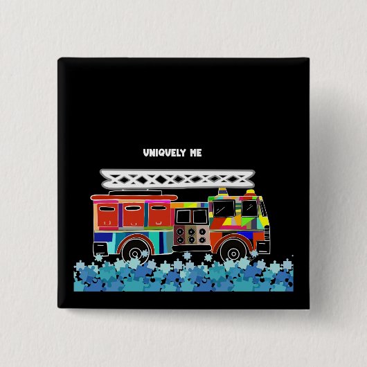 自閉症の消防車のパズル作品 缶バッジ (正面)