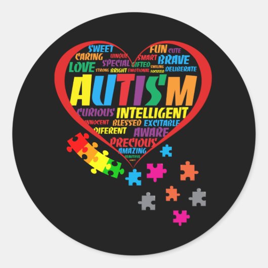 自閉症の自閉症に関するハートタイポグラフィ ラウンドシール (正面)