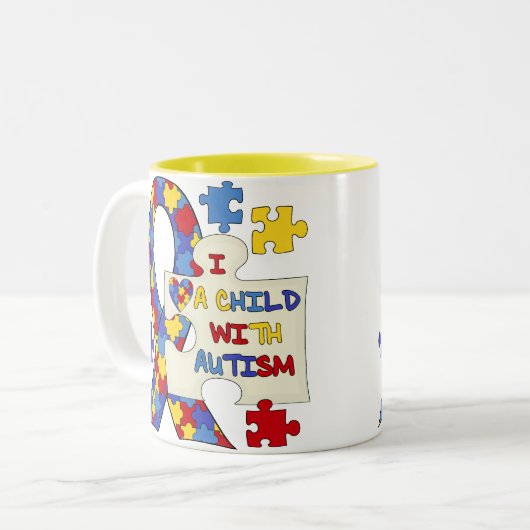自閉症の認識度のリボンを持つ子供 ツートーンマグカップ (正面左)
