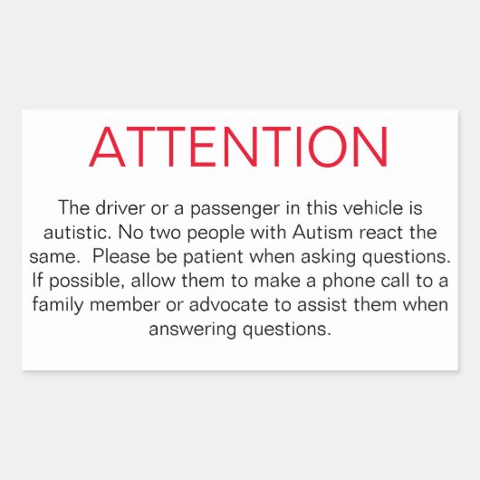 自閉症の警察に助言する窓ステッカー 長方形シール (正面)