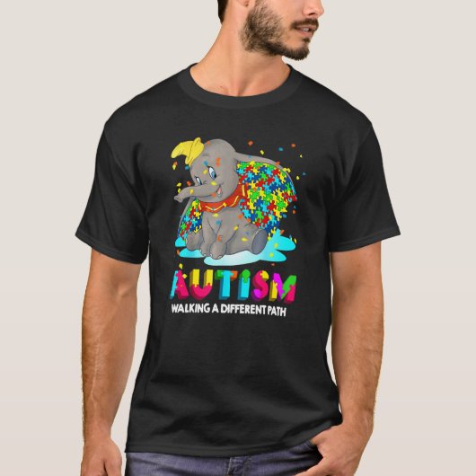 自閉症の象ダンボ違う道を歩く 自閉症 Tシャツ (正面)