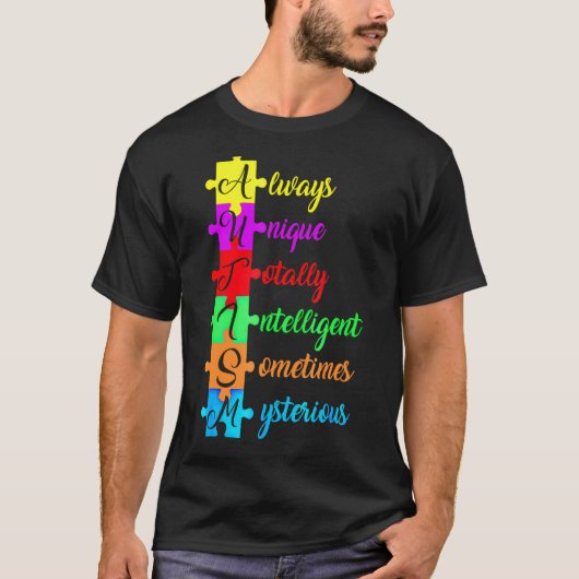 自閉症の頭字語とパズルのピース 楽しい自閉症啓発 Tシャツ (正面)
