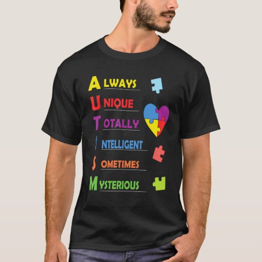自閉症の頭字語とパズルのピース Tシャツ (正面)