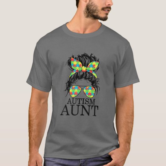 自閉症のBun Messy Bun Authistics Awaness Auntis Supp Tシャツ (正面)