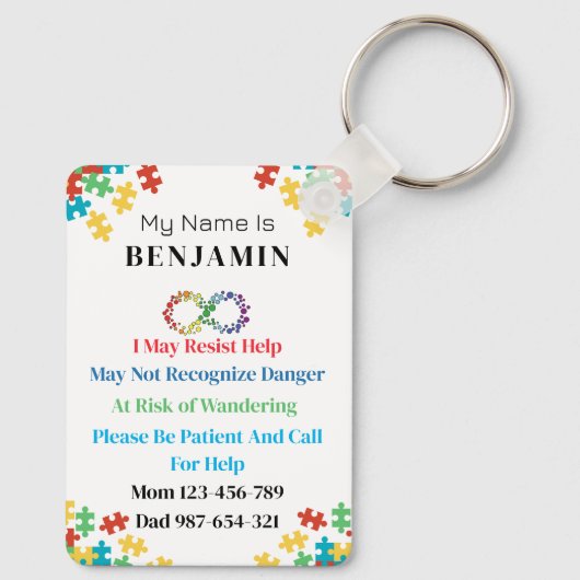 自閉症のID子供または成人の医療警告バッジ キーホルダー (裏面)