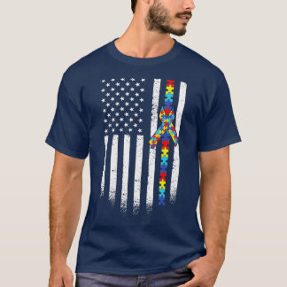 自閉症アメリカ国旗パズル自閉症意識 Tシャツ