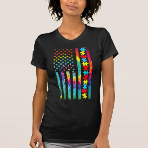 自閉症アメリカ国旗Tee絞り染め自閉症意識 Tシャツ