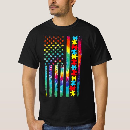 自閉症アメリカ国旗Tee絞り染め自閉症意識 Tシャツ (正面)