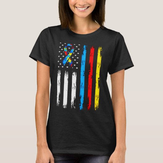 自閉症カッコいいアメリカ国旗の認識度 Tシャツ (正面)