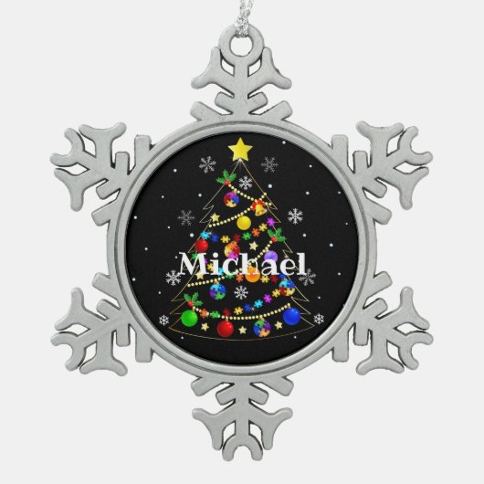 自閉症カラフルのクリスマスツリー スノーフレークピューターオーナメント (正面)