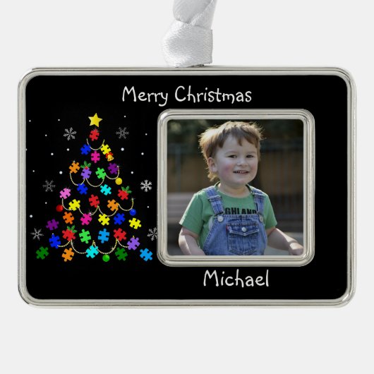 自閉症クリスマスツリー シルバープレートフレームオーナメント (正面)