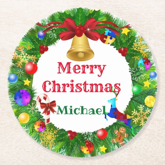 自閉症クリスマスリース ラウンドペーパーコースター (正面)