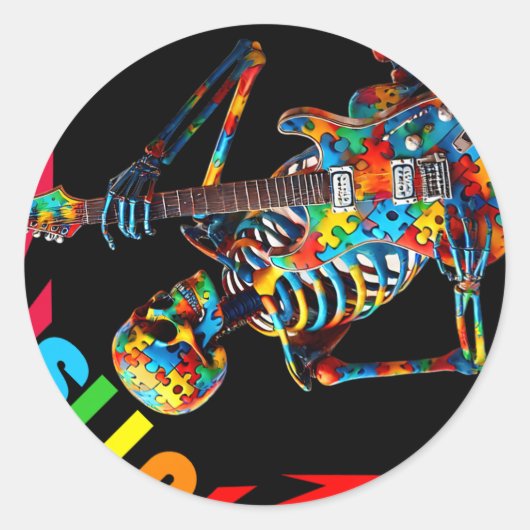 自閉症スケルトンギタープレイヤーロック音楽自閉症Aw ラウンドシール (正面)