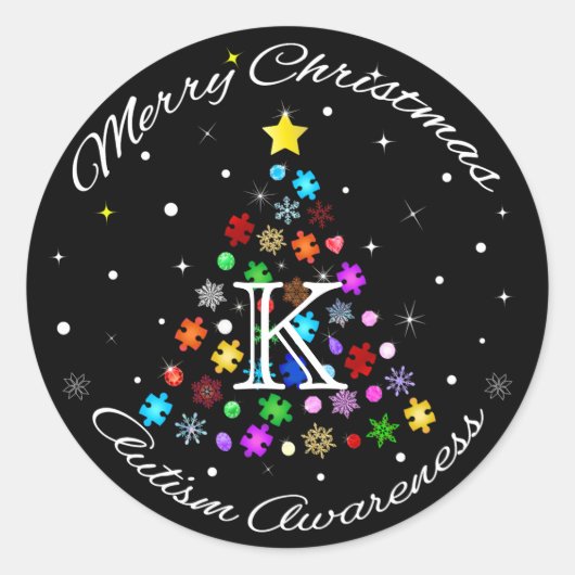 自閉症スノーフレーク・クリスマスツリー ラウンドシール (正面)