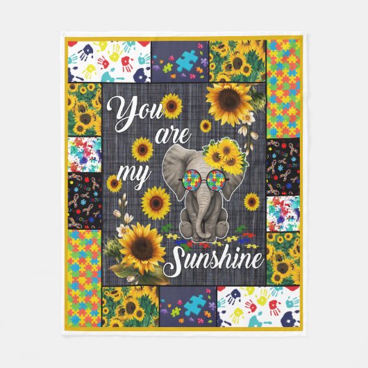 自閉症ゾウひまわり私の太陽の光 フリースブランケット (正面)