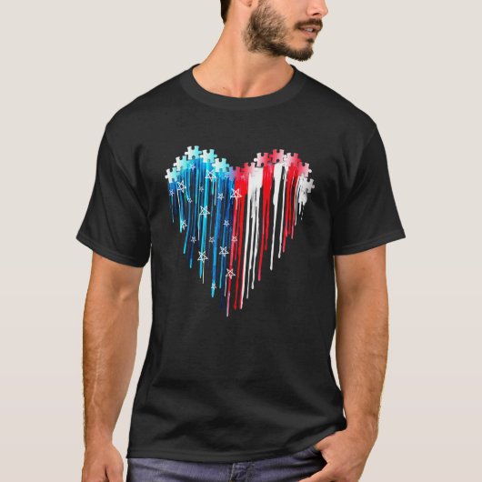 自閉症ハート 7月4日 愛国パズル アメリカ Tシャツ (正面)