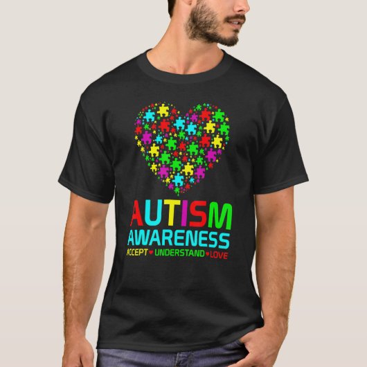 自閉症パズルハート愛受け入れる理解自閉症 Tシャツ (正面)