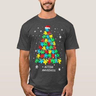 自閉症パズルピースクリスマスツリークリスマスライトス Tシャツ