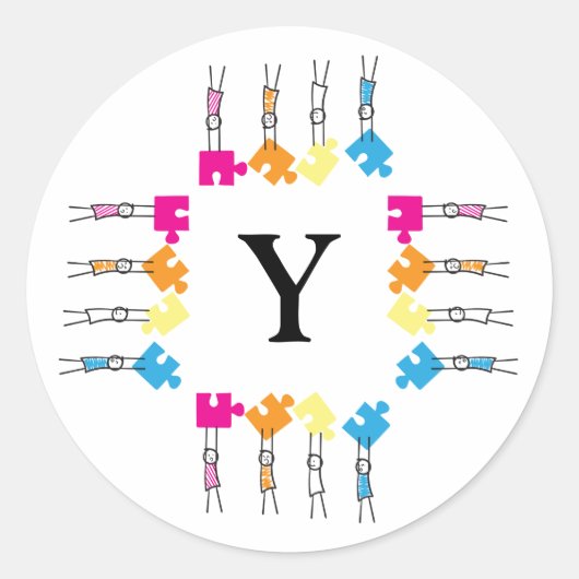 自閉症パズルピーススティックキッズスケッチイニシャル ラウンドシール (正面)