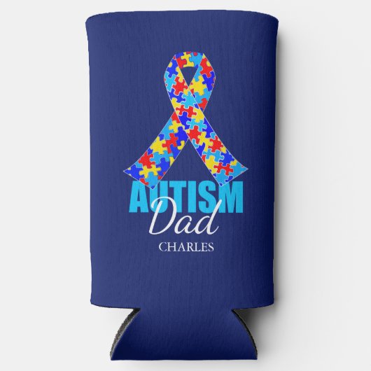 自閉症パーソナライズされたパパブルー スリム缶クーラー (正面)