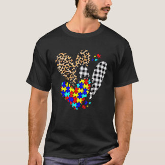 自閉症ヒョウ柄のブロックチェックバファロー ハート 自閉症啓発 Tシャツ