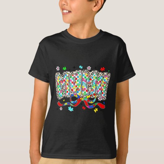 自閉症ママ ひょう柄 パズルのピース リボン Tシャツ (正面)