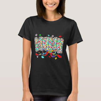 自閉症ママ レオパード チェック パズルピース リボン Tシャツ
