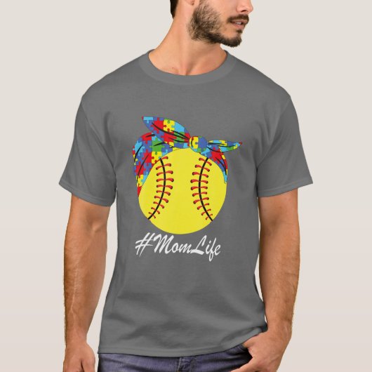 自閉症ママSoftball乱雑Bun自閉症の意識 Tシャツ (正面)