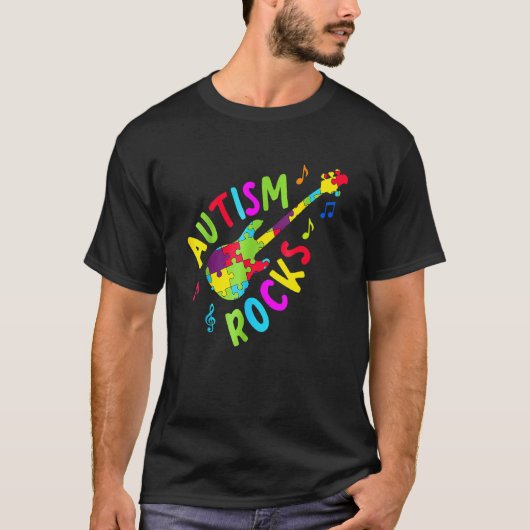 自閉症ロックス 自閉症啓発 ギター パズルのピース Tシャツ (正面)