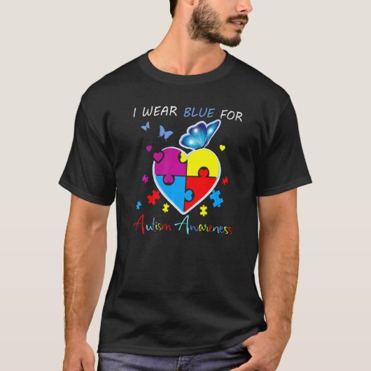 自閉症啓発のためのレインボーパズルハート蝶ブルー Awa Tシャツ (正面)