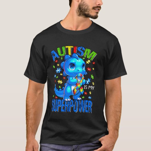 自閉症啓発は僕のスーパーパワーだ!恐竜のいる少年たち Tシャツ (正面)