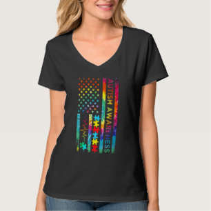 自閉症啓発アメリカ合衆国国旗絞り染めメンズウォーム Tシャツ