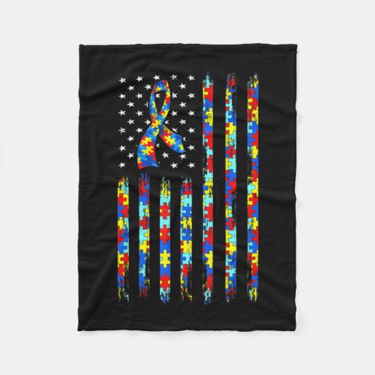 自閉症啓発シャツアメリカンフラグリボンパズル フリースブランケット (正面)